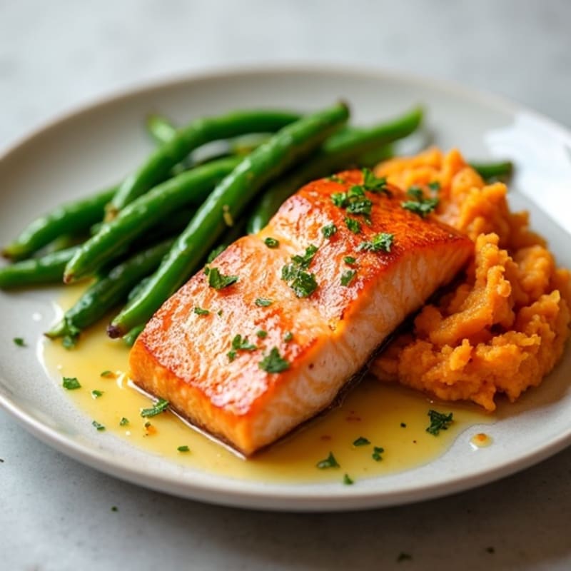 Baked Salmon with Garlic Green Beans and Mashed Sweet Potatoes
