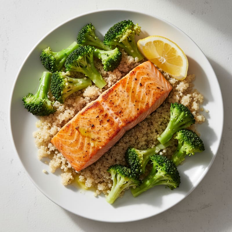 Seared Salmon with Steamed Broccoli and Quinoa