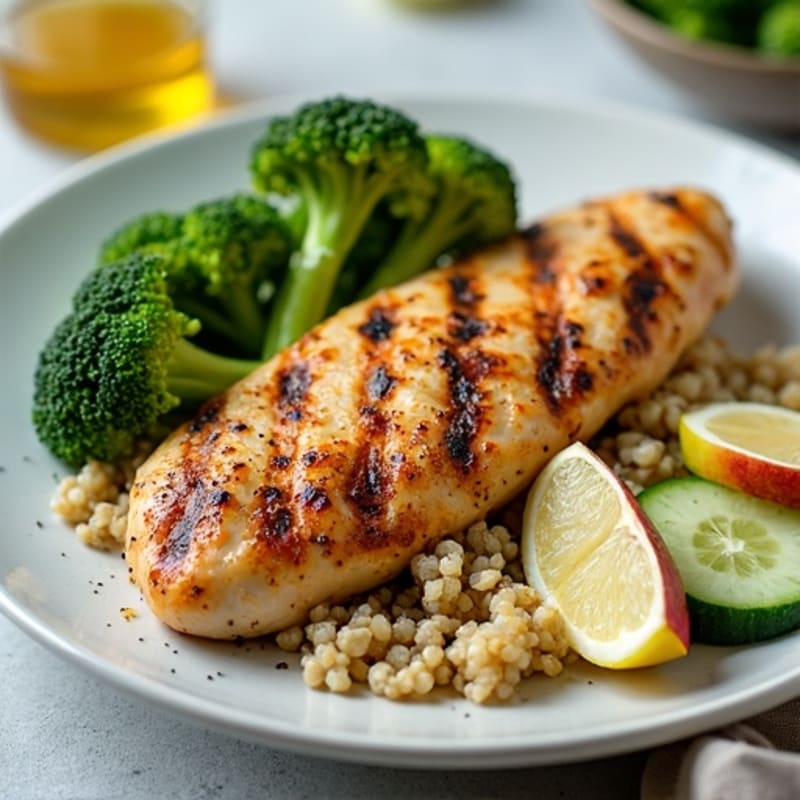 Grilled Chicken Breast with Roasted Broccoli and Quinoa Salad