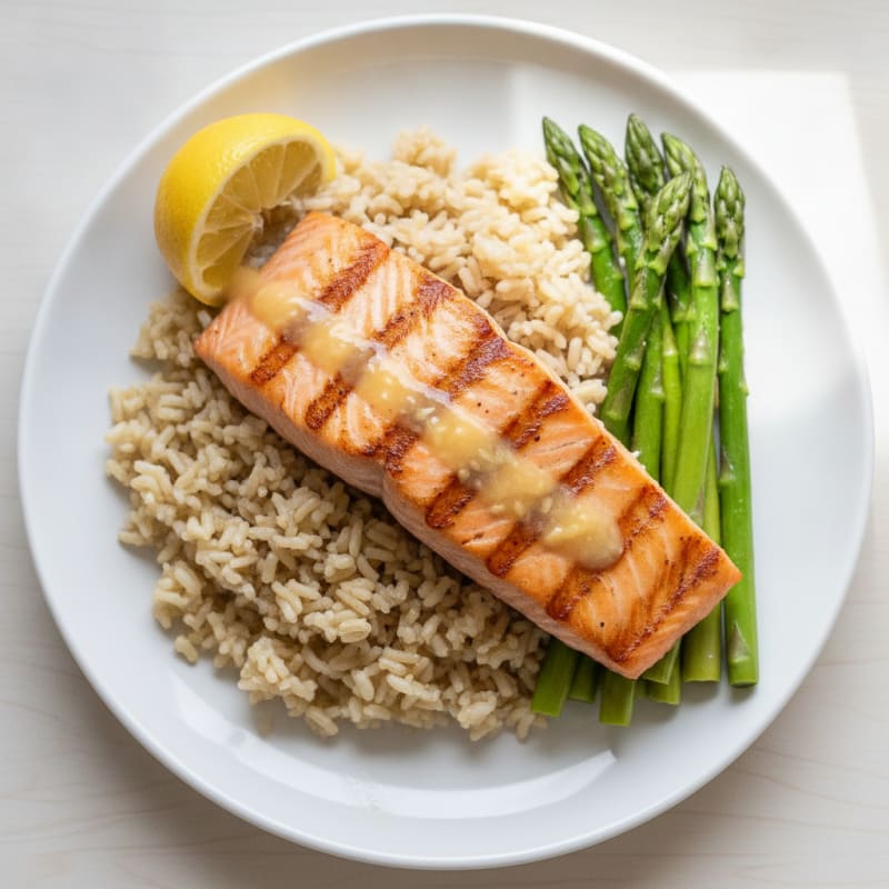 Seared Salmon Fillet with Steamed Asparagus and Brown Rice
