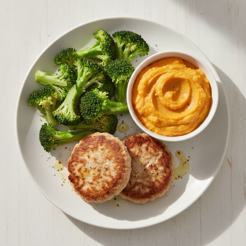 Seared Turkey Patties with Steamed Broccoli and Sweet Potato Mash