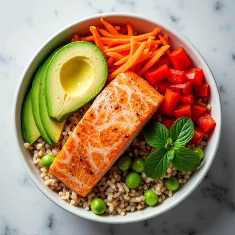 Fresh Salmon and Avocado Rice Bowl with Crispy Vegetables