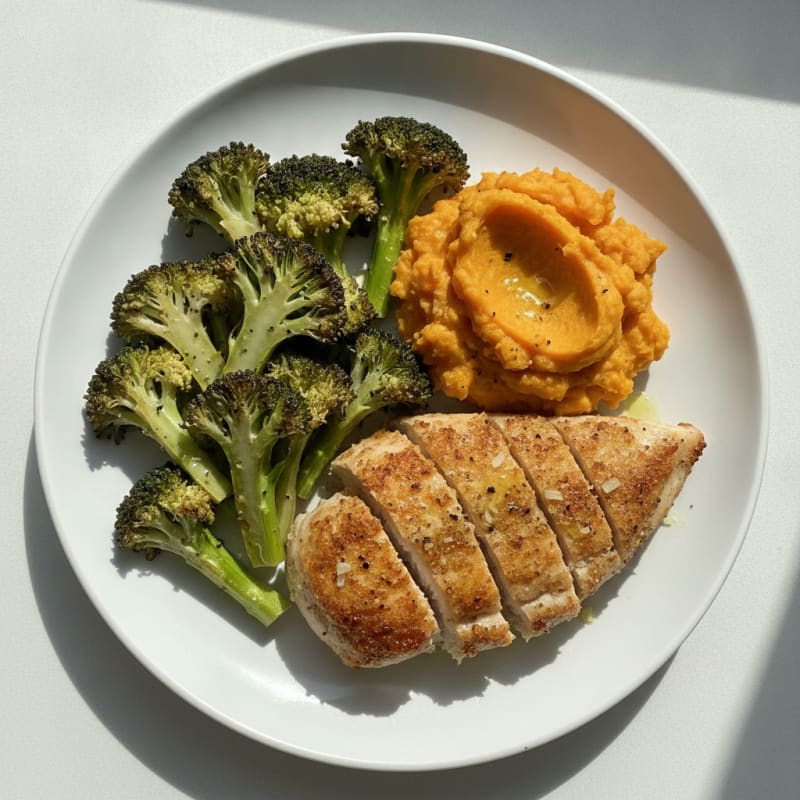 Seared Chicken Breast with Roasted Broccoli and Sweet Potato Mash