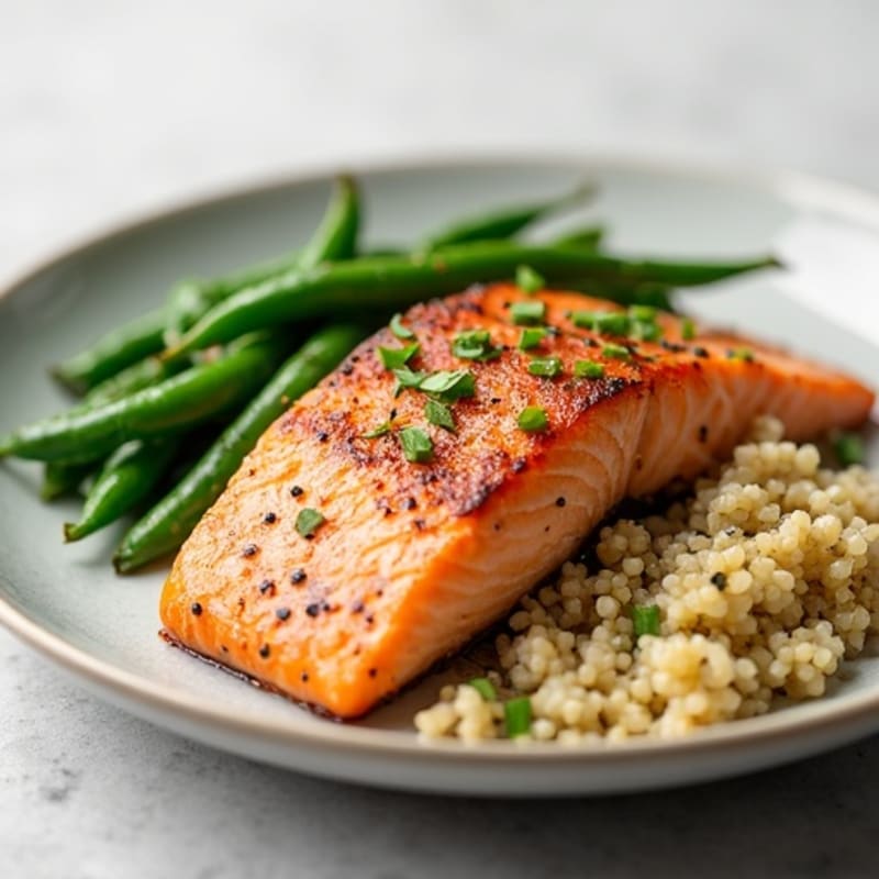 Seared Salmon Fillet with Garlic Green Beans and Quinoa
