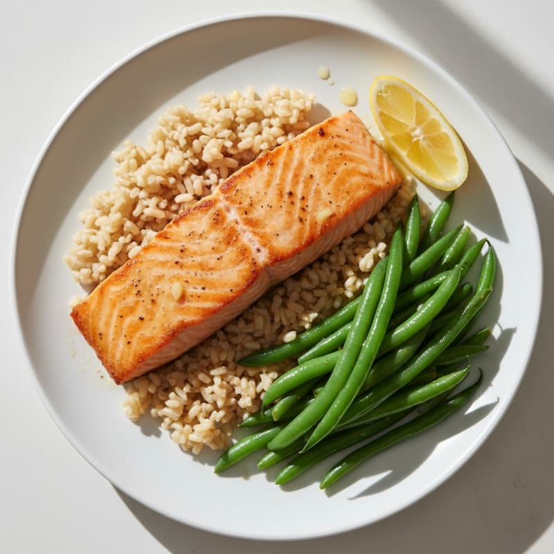 Seared Salmon with Steamed Green Beans and Brown Rice