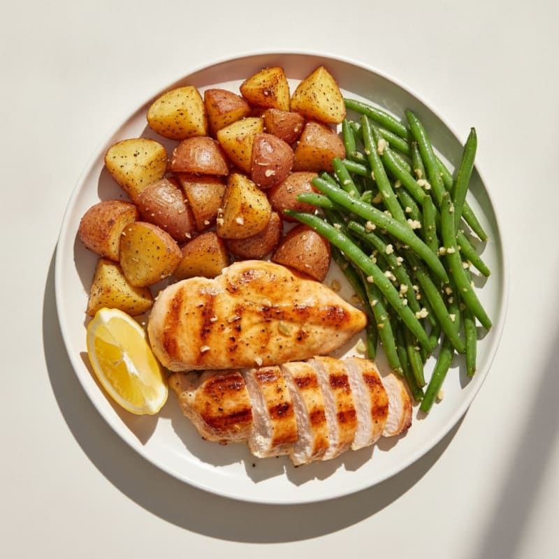 Grilled Chicken Breast with Roasted Potatoes and Green Beans