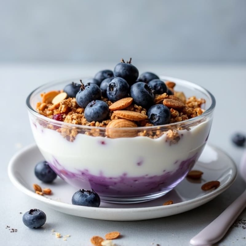 Blueberry Greek Yogurt Parfait with Sliced Almonds and Chia Seeds