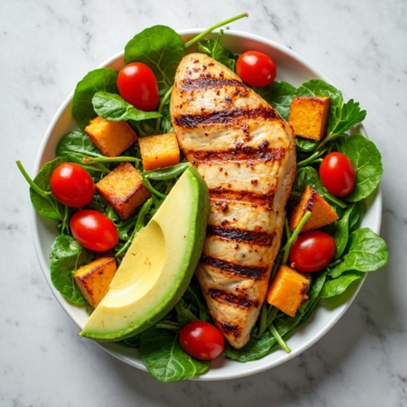 Grilled Chicken Salad with Roasted Sweet Potato and Fresh Greens