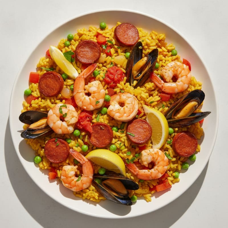Saffron Seafood Paella with Chorizo