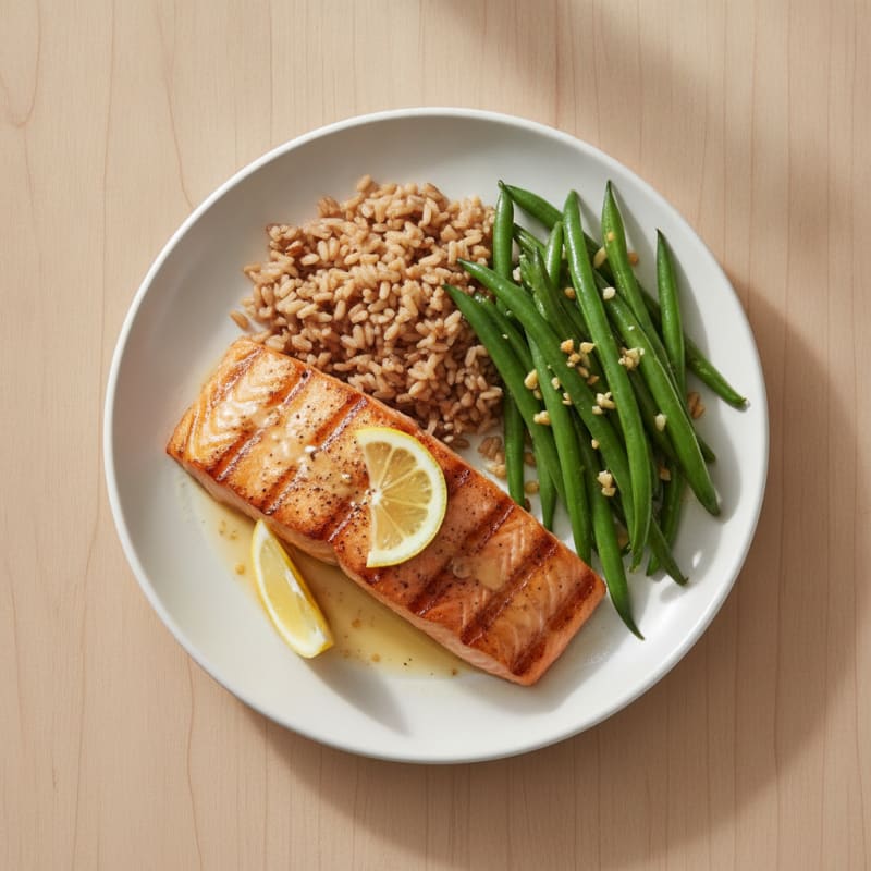 Seared Salmon with Garlic Green Beans and Brown Rice