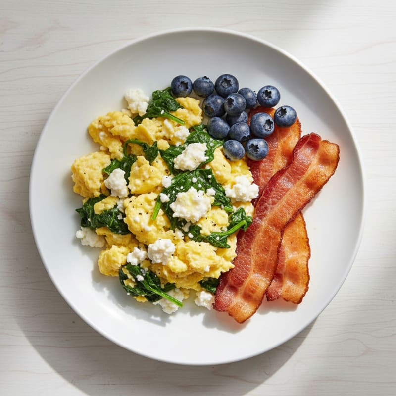 Cottage Cheese Scramble with Spinach and Turkey Bacon