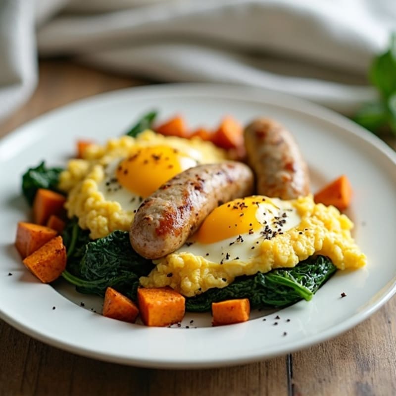 Egg White and Turkey Sausage Scramble with Spinach and Roasted Sweet Potato