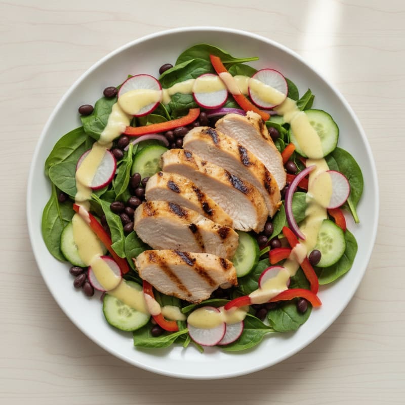 Grilled Turkey and Black Bean Salad with Crunchy Vegetables and Lemon-Tahini Dressing