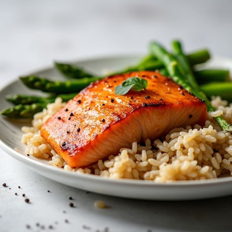 Seared Salmon with Steamed Asparagus and Brown Rice