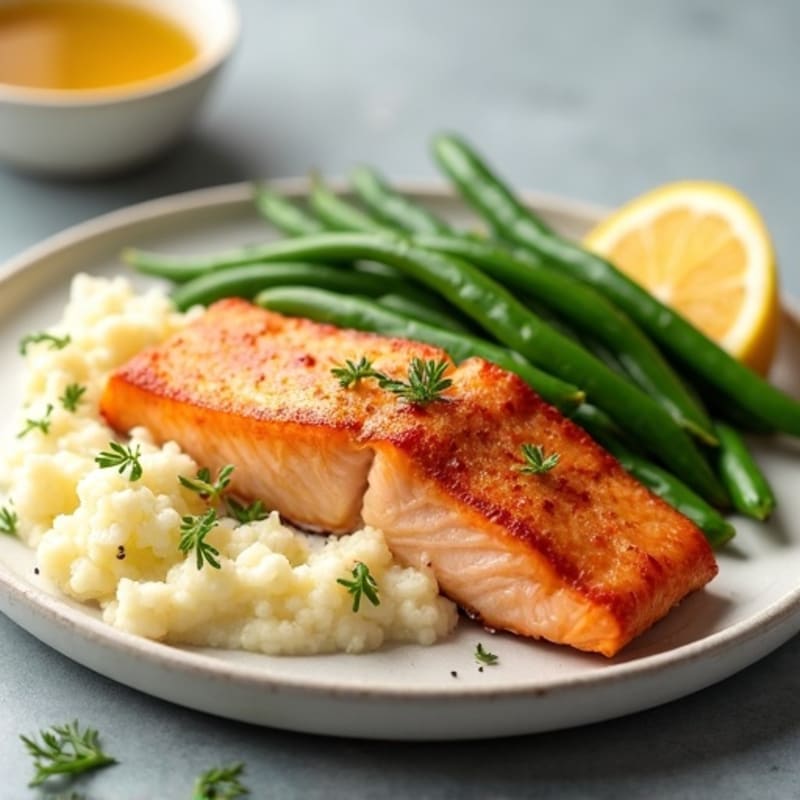 Seared Salmon with Steamed Green Beans and Garlic Mashed Cauliflower