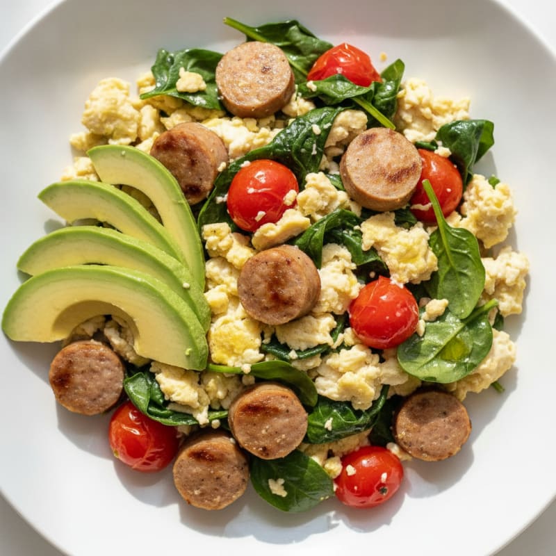 Egg White and Turkey Sausage Scramble with Spinach and Tomatoes