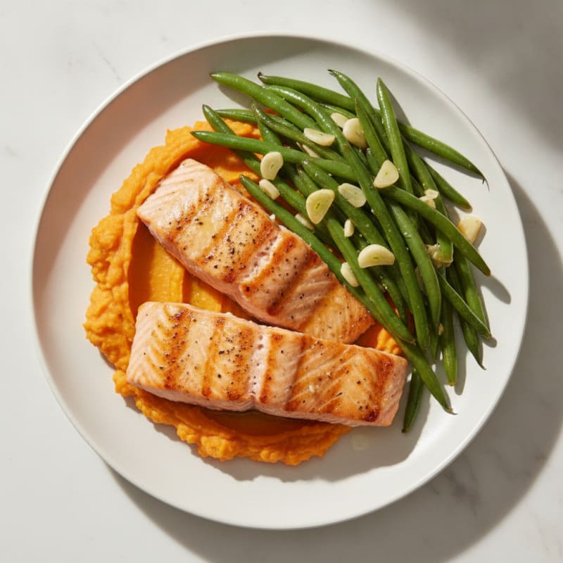 Seared Salmon with Garlic Green Beans and Sweet Potato Mash