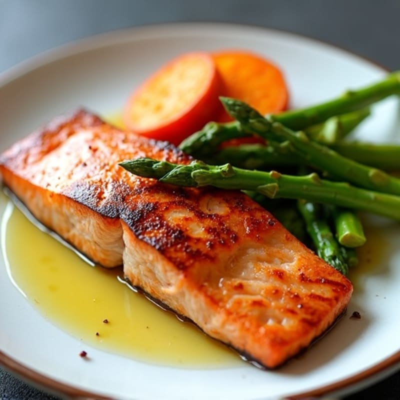 Seared Salmon Fillet with Roasted Sweet Potato and Asparagus