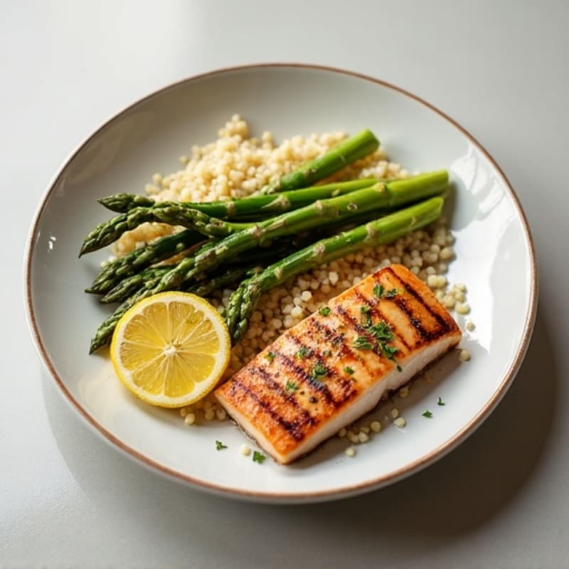 Lemon-Garlic Seared Tuna with Roasted Asparagus and Quinoa