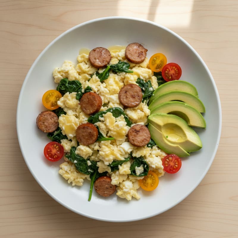 Egg White Spinach Scramble with Turkey Sausage