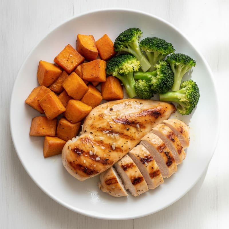 Grilled Chicken Breast with Roasted Sweet Potato and Steamed Broccoli