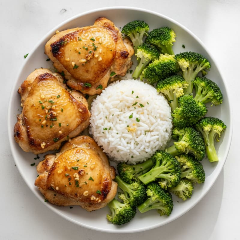 Grilled Chicken Thighs with Steamed Rice and Broccoli