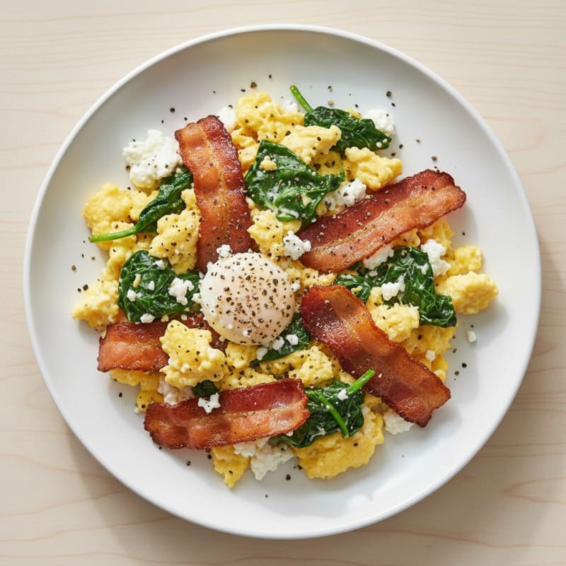 Cottage Cheese Egg Scramble with Spinach and Turkey Bacon