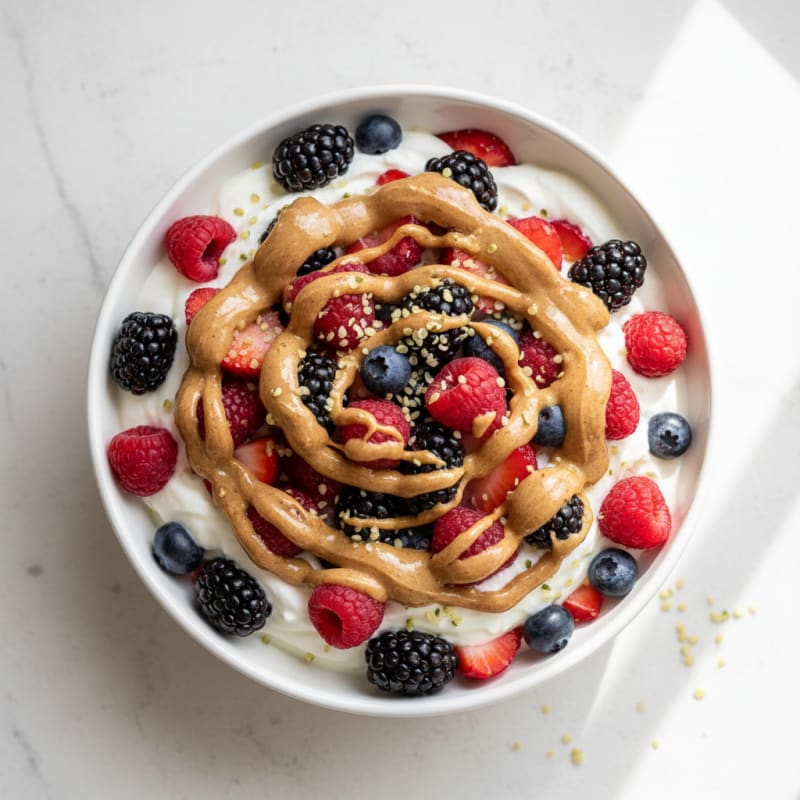 Greek Yogurt Protein Parfait with Mixed Berries and Almond Butter