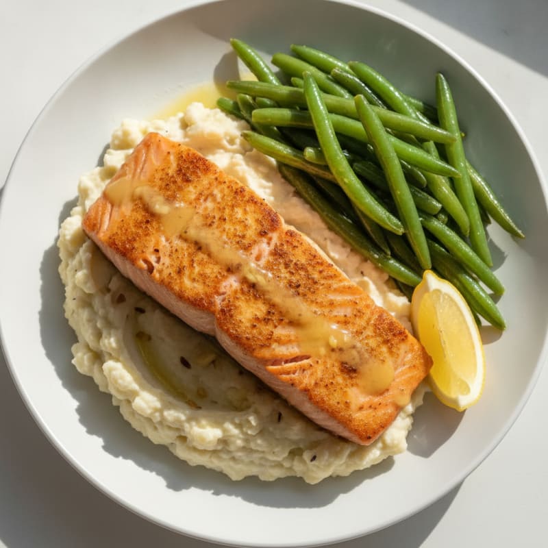 Seared Salmon with Steamed Green Beans and Garlic Mashed Cauliflower