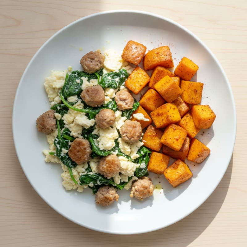 Egg White Spinach Scramble with Turkey Sausage and Roasted Sweet Potatoes