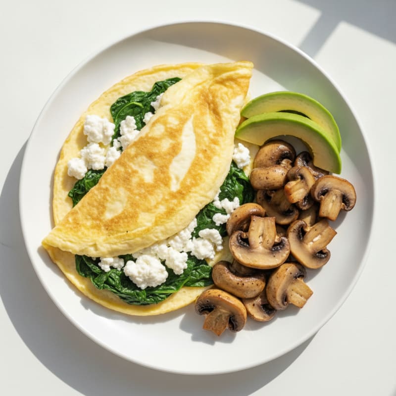 Egg White Spinach Omelette with Cottage Cheese and Sautéed Mushrooms