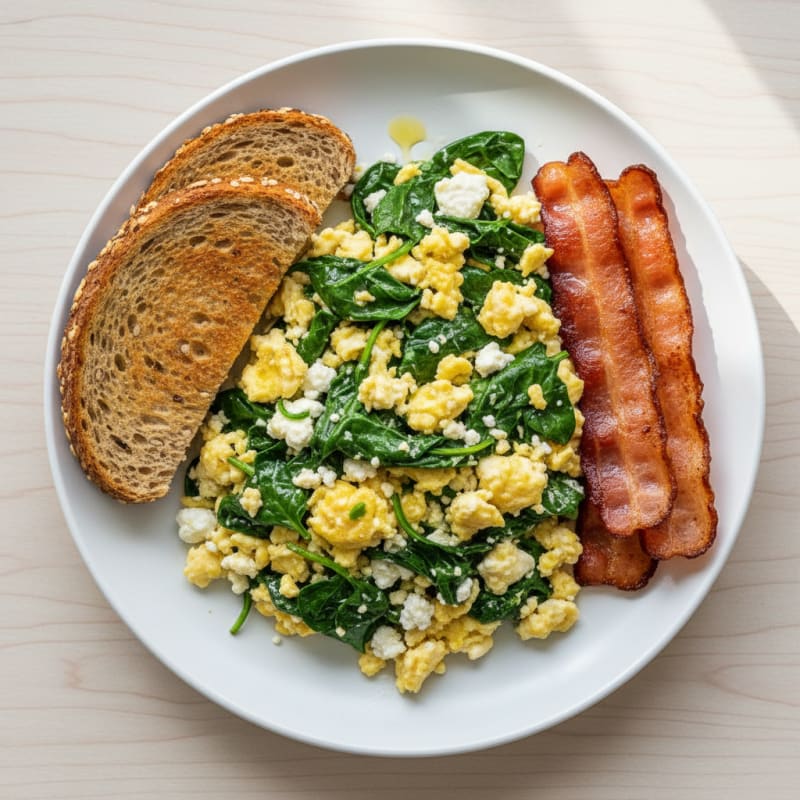 Cottage Cheese Scramble with Spinach and Turkey Bacon
