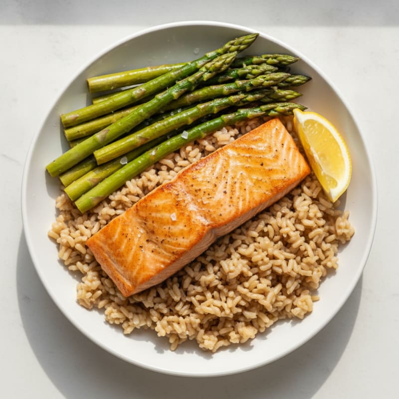 Seared Salmon with Steamed Asparagus and Brown Rice