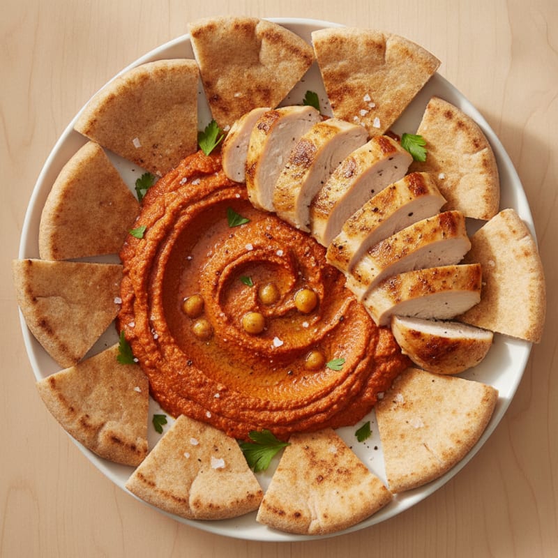Roasted Red Pepper Hummus with Toasted Pita and Chicken