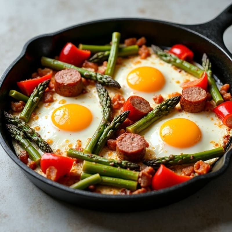 Sheet Pan Baked Eggs with Roasted Asparagus and Bell Peppers