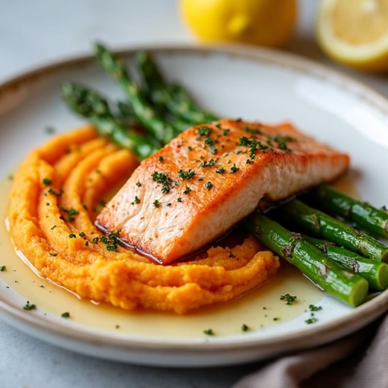 Seared Salmon with Roasted Asparagus and Sweet Potato Mash