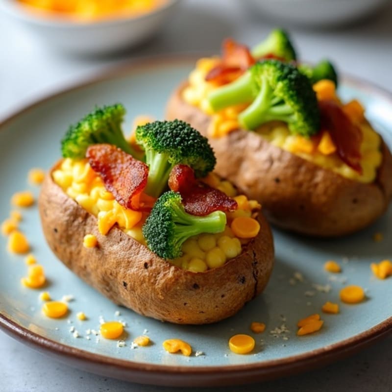 Crispy Baked Stuffed Potatoes with Lean Bacon, Broccoli, and Light Cheddar