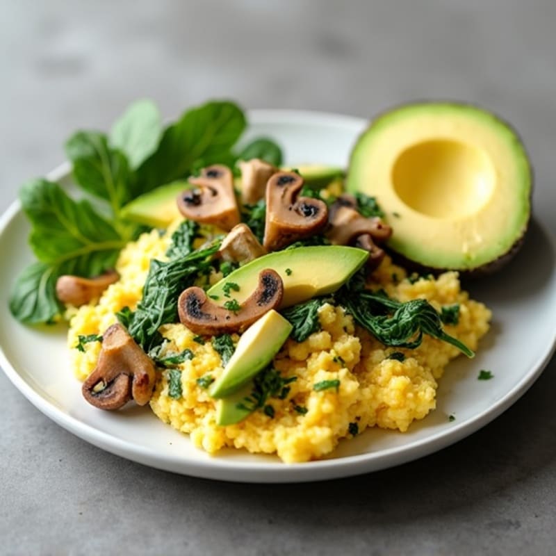 Creamy Spinach and Mushroom Scrambled Eggs with Sliced Avocado