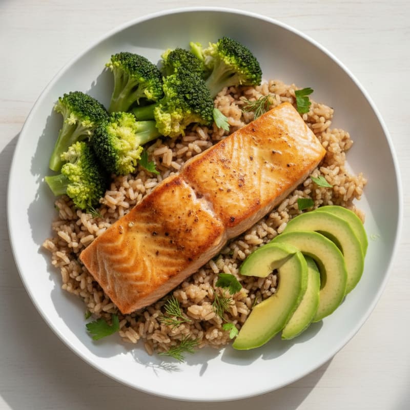 Pan-Seared Salmon with Herb Rice and Steamed Broccoli