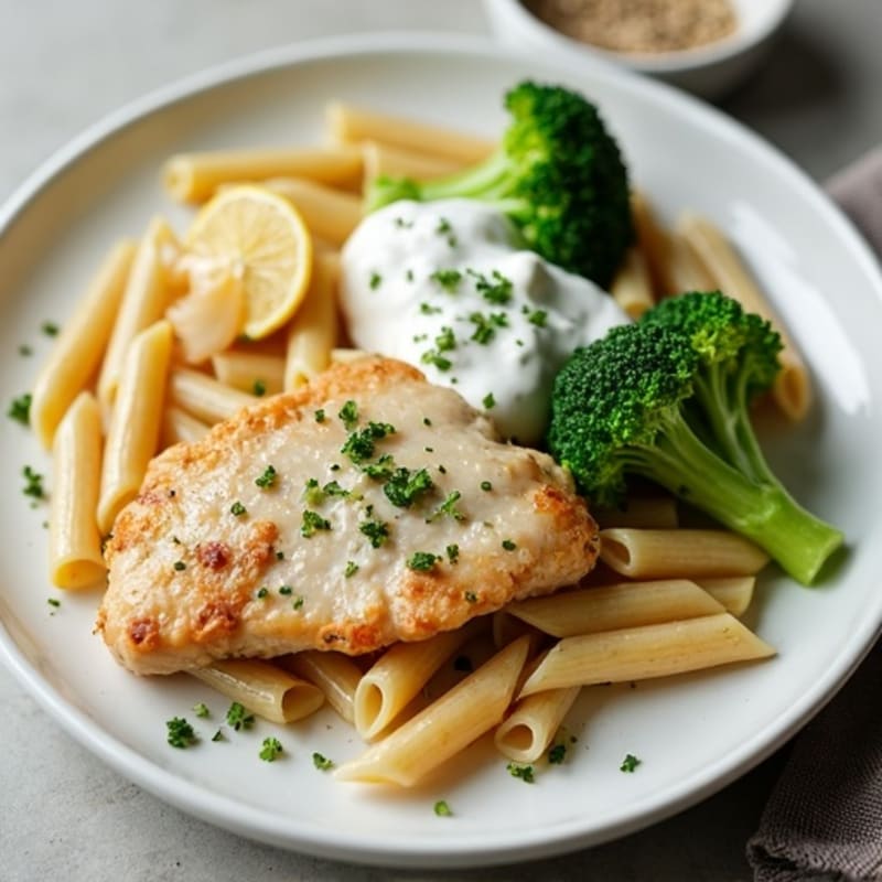 Lighter Creamy Garlic Chicken with Whole Wheat Penne and Steamed Broccoli