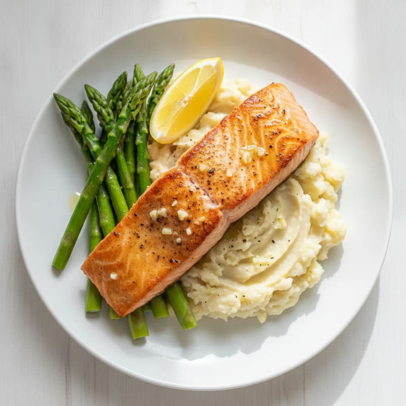 Seared Salmon with Steamed Asparagus and Garlic Mashed Cauliflower