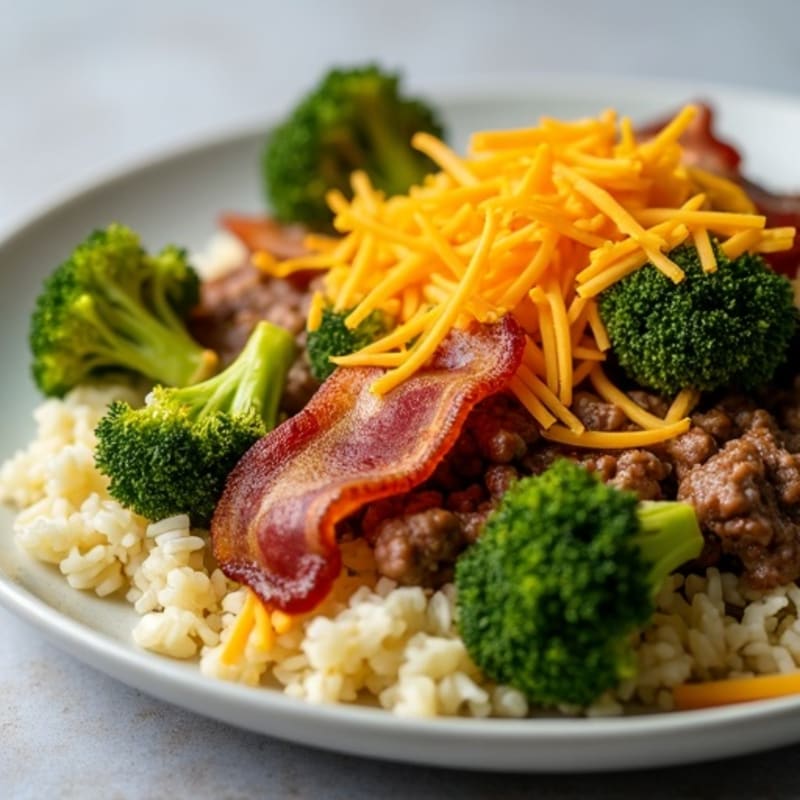 Lean Ground Beef and Crispy Bacon Skillet with Cheesy Roasted Broccoli