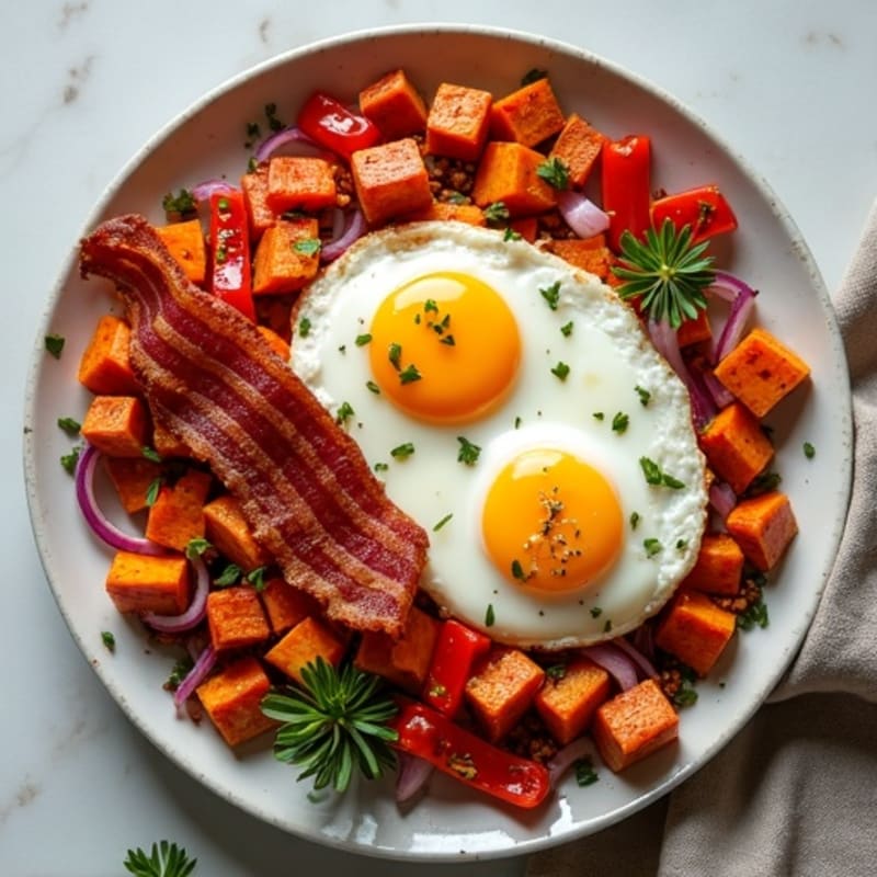 Sheet Pan Roasted Sweet Potato and Bell Pepper Hash with Fried Eggs