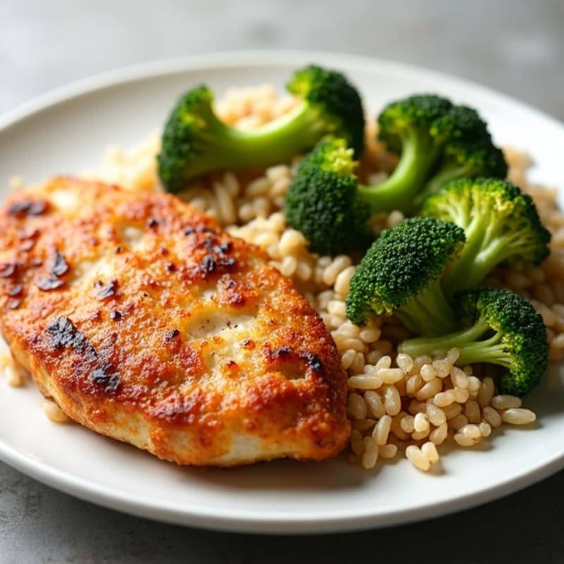 Crispy Pan-Seared Chicken with Fluffy Brown Rice and Roasted Broccoli