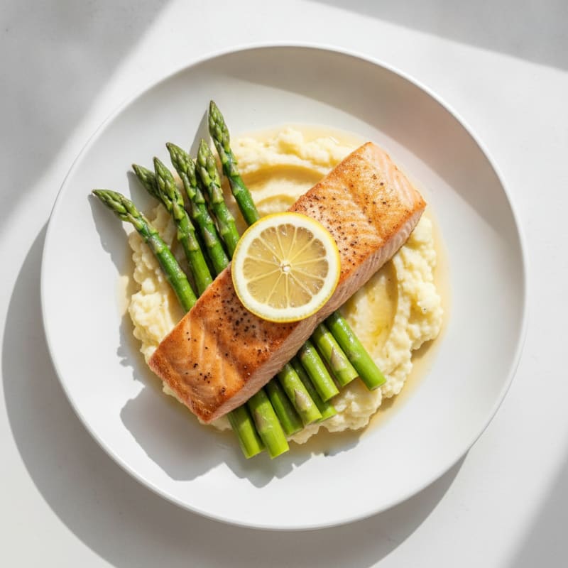 Seared Salmon with Steamed Asparagus and Cauliflower Mash