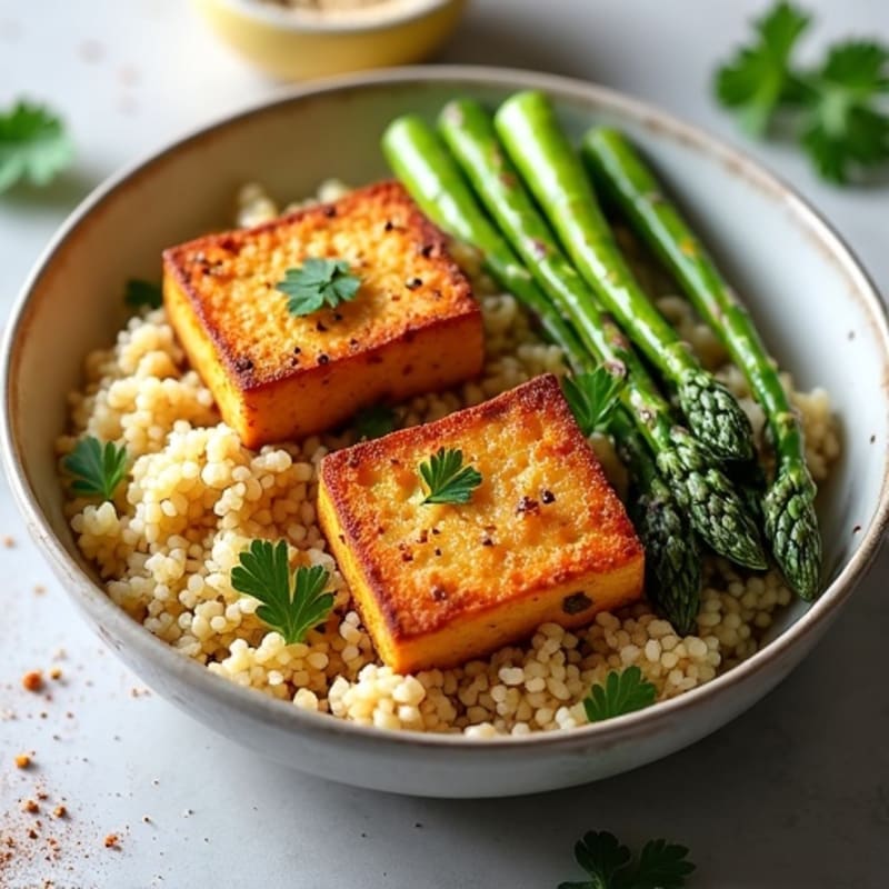 Crispy Baked Tofu with Roasted Asparagus and Quinoa