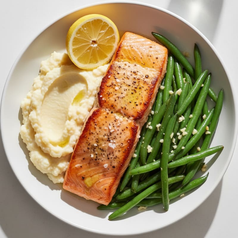 Seared Salmon with Garlic Green Beans and Cauliflower Mash