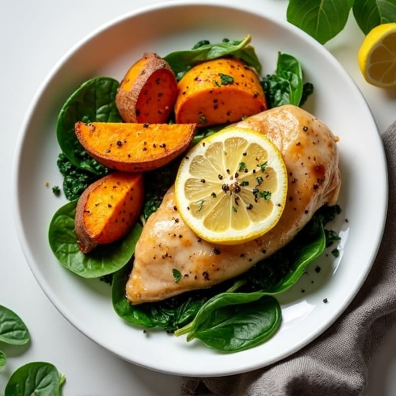Sheet Pan Lemon-Garlic Chicken with Roasted Sweet Potatoes and Spinach