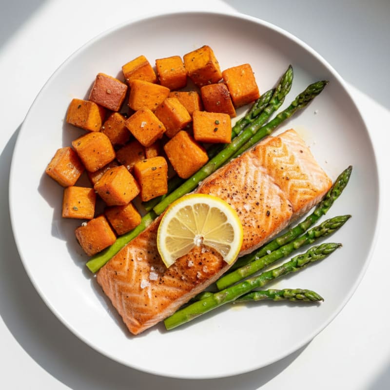 Seared Salmon Fillet with Roasted Sweet Potato and Asparagus