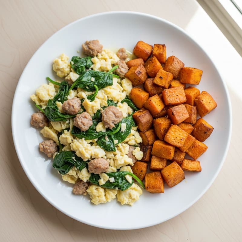 Egg White and Turkey Sausage Scramble with Spinach and Roasted Sweet Potatoes